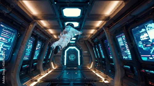 Astronaut floating in a futuristic hallway with monitors and glowing blue accents visible ahead