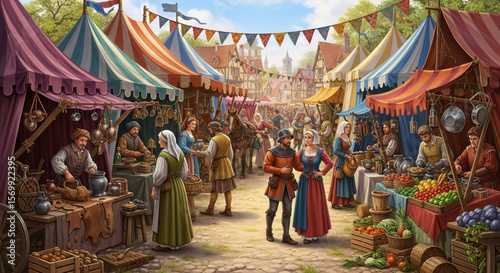 Medieval marketplace with colorful tents, vendors, and customers. Historical fair scene with people in period costumes. Fantasy or reenactment event illustration concept