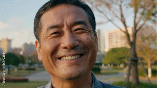 Portrait of a smiling asian man outdoors with trees and buildings in the distance during daytime