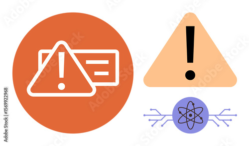 Warning triangles and exclamation marks in bold colors, paired with an atomic symbol and circuit lines. Ideal for caution, danger, alert, technology, science, innovation, education simple flat