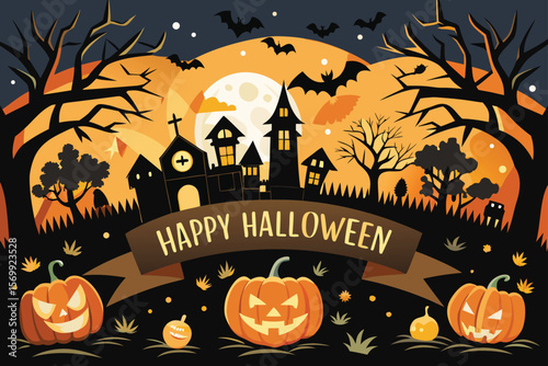 WebSpooky Halloween night with scary pumpkins, bats, and a dark, eerie tree silhouette – a perfect autumn horror illustration