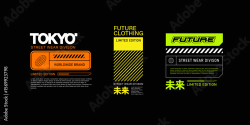 Concept of futuristic abstract logotypes set and sci-fi elements for streetwear fashion, silkscreen and clothing printing design - editable vector background in acid pink colors