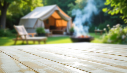 Empty table with barbecue grill in garden – outdoor cooking and camping concept with copy space. Grilling, backyard parties, summer food campaigns or outdoor lifestyle promotions themes.