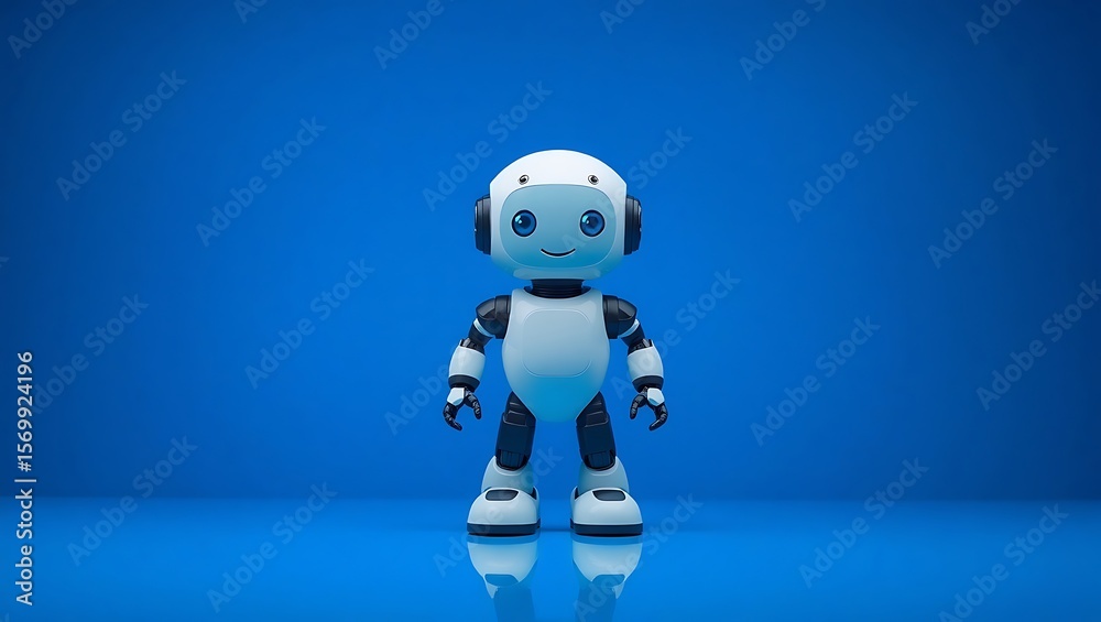 Fototapeta premium A cute white and black robot with blue eyes standing on a blue surface against a blue background
