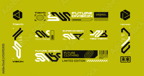 Concept of futuristic signs collection in cyberpunk style and abstract logos, sci-fi HUD elements in techno style for street wear fashion, silkscreen and clothing printing design - editable vector  