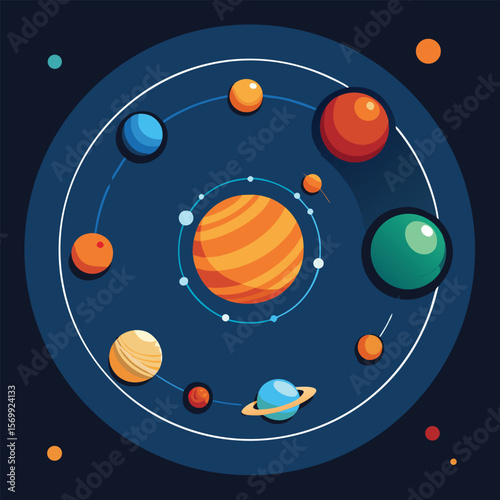 Colorful illustration depicting the solar system and planets orbiting around a central star.