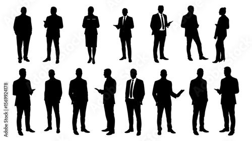 Silhouetted figures of diverse business professionals stand against a white backdrop, presenting a versatile collection for corporate, teamwork, and leadership themes and concepts.