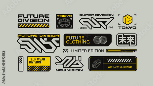 Concept of abstract futuristic logo stickers in cyberpunk style and sci-fi elements in techno style for street wear fashion, silkscreen and clothing printing design - editable vector background 