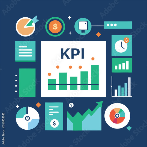 Colorful vector illustration showcasing business key performance indicators kpi charts and financial data diagrams on a dark blue background.