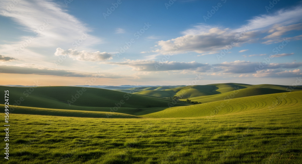 Obraz premium Rolling green hills under blue sky with clouds. Serene countryside landscape. Nature scenery for wallpaper, travel destination. Pastoral view with grassy meadows at sunset.