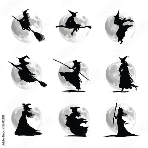 witch moon silhouette set, Black & White silhouette set