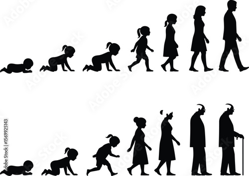 Human life stages silhouette progression from infancy to old age, illustrating growth, development, aging, and the complete journey of a person's lifespan and evolution.