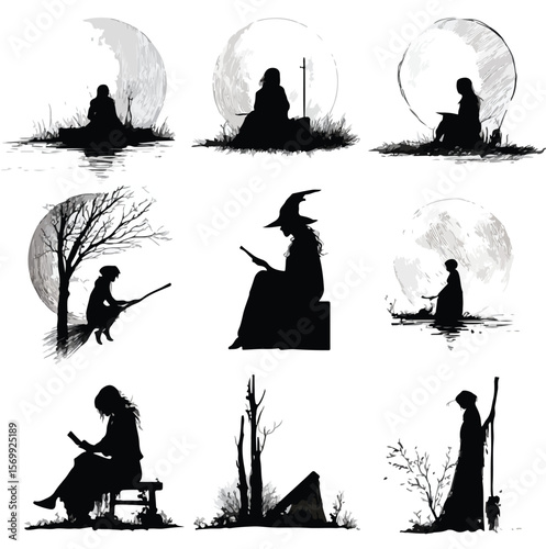 witch moon silhouette set, Black & White silhouette set
