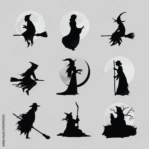 witch moon silhouette set, Black & White silhouette set