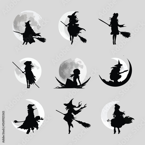 witch moon silhouette set, Black & White silhouette set