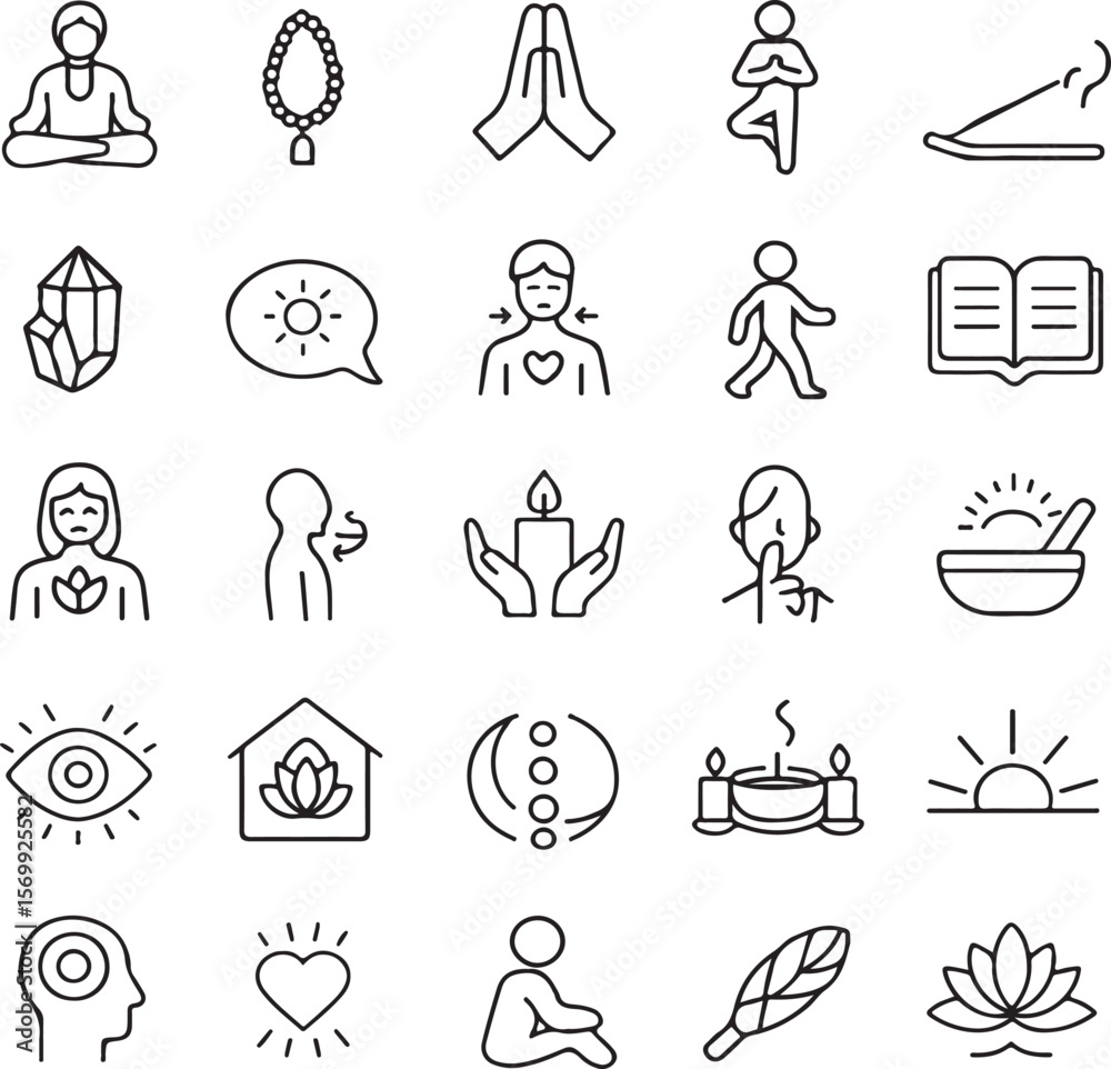 Fototapeta premium Collection of simple line art icons representing wellness meditation yoga spirituality and self care practices for a healthy lifestyle