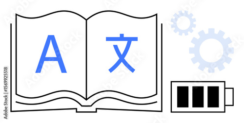 Open book featuring multilingual letters, surrounded by gears and battery icon. Ideal for education, translation, learning, creativity, productivity, progress, innovation simple flat metaphor