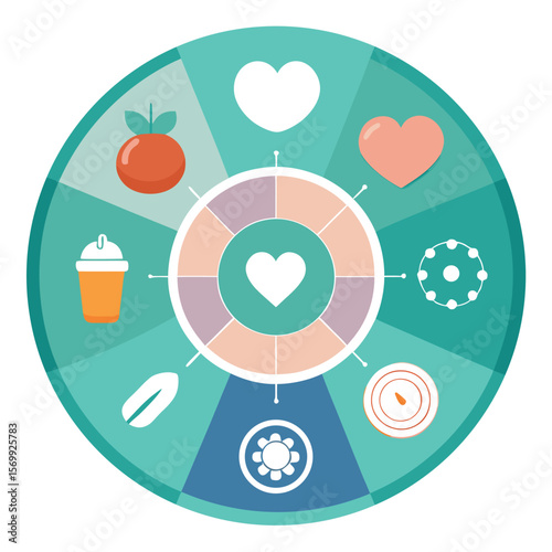Conceptual illustration representing wellness, health, and balanced lifestyle with heart and various symbols