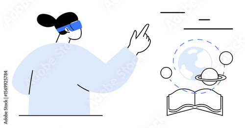 Woman wearing VR headset interacting with futuristic educational interface, featuring an open book, Earth, and planets. Ideal for innovation, technology, e-learning, education, futuristic content