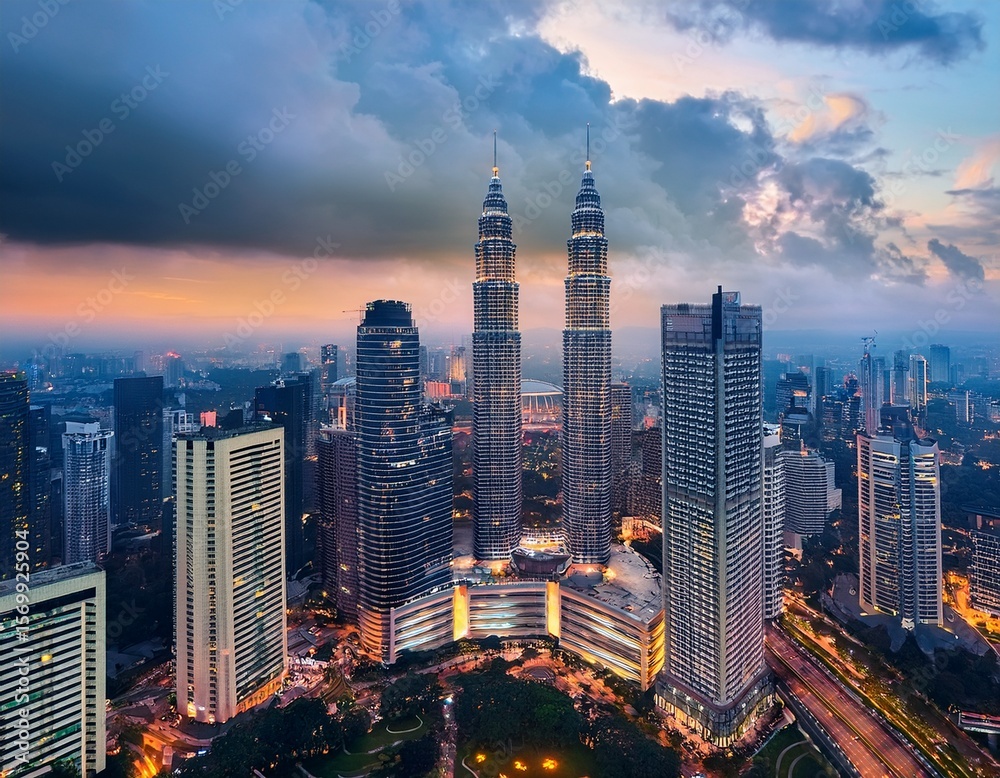 Fototapeta premium modern skyscrapers under thick clouds before nightfall kuala lumpur malaysia