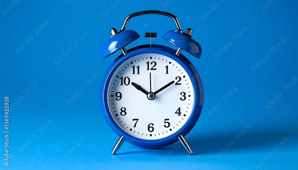 Blue alarm clock on blue background Blue alarm clock on blue background