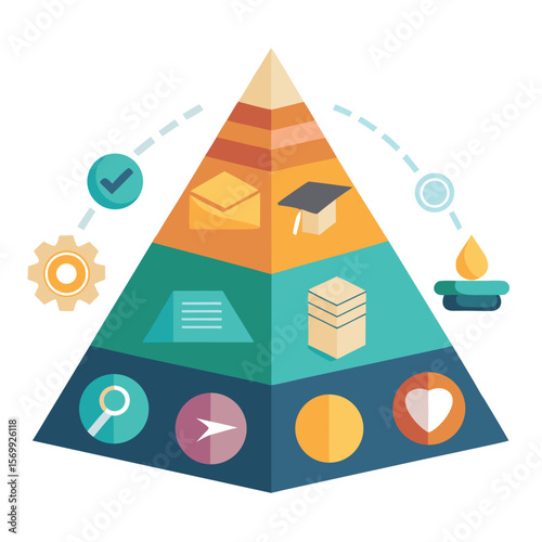 Conceptual pyramid diagram representing steps of success with various supporting icons and graphics