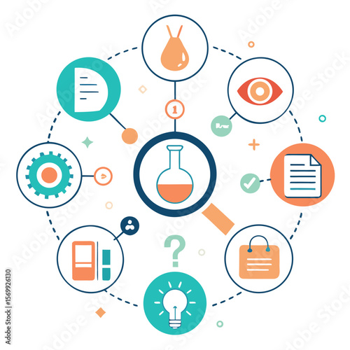 Creative circle representing analysis strategy business plan data research innovation and solution exploration