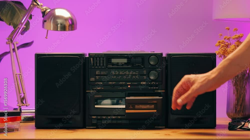 Retro radio tape recorder, audio cassette close-up. Listening to music, old radio boom box player, macro of vintage music listening. 