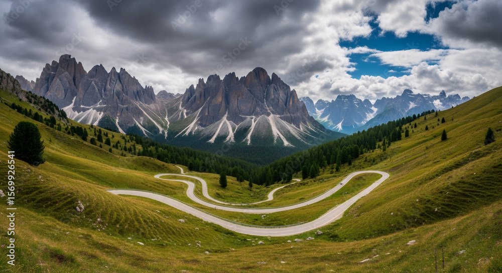 Fototapeta premium Winding mountain road through green alpine meadow with dramatic Dolomites peaks in background. Panoramic landscape of Italian Alps under cloudy sky