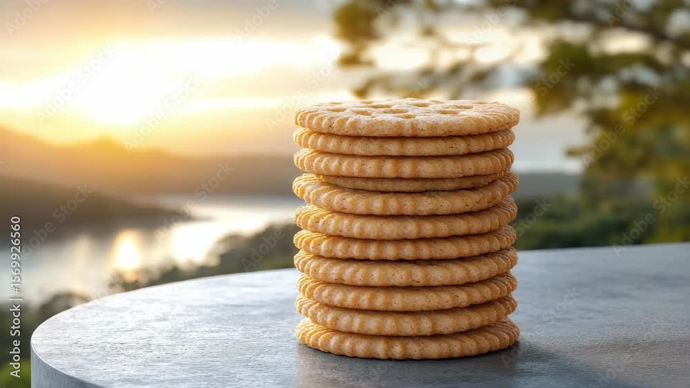 Stack of biscuits with lake sunset background