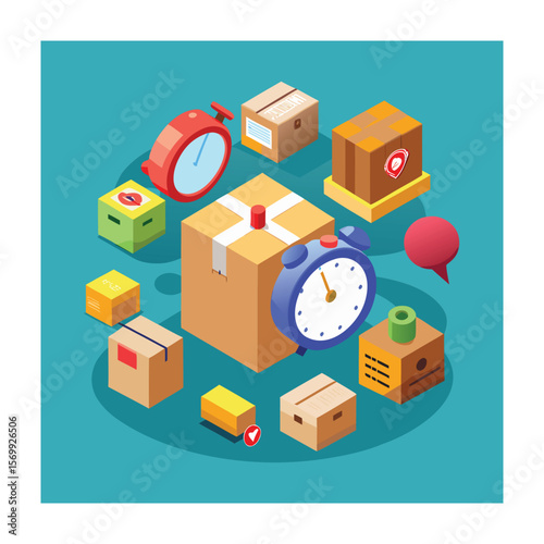 Isometric Delivery: Fast Shipping with Boxes and Clock on Blue Background