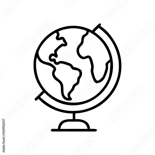Globe illustration on a stand in black line style  