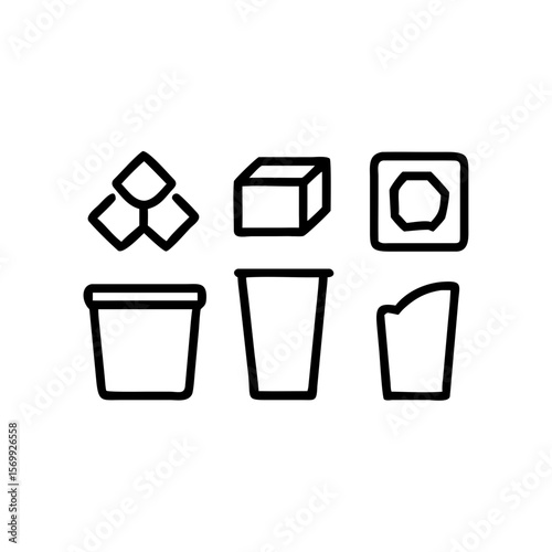 Recycling bin icons in minimalist line art style on white background  