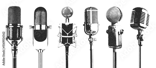 Assorted vintage microphones mics showcase classic retro pop art style. Ideal for music, podcasts, broadcast, and retro design projects.