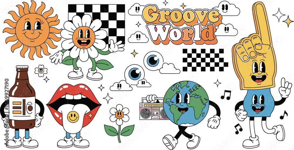 Fototapeta premium Retro cartoon characters groovy world vintage design trendy vector elements