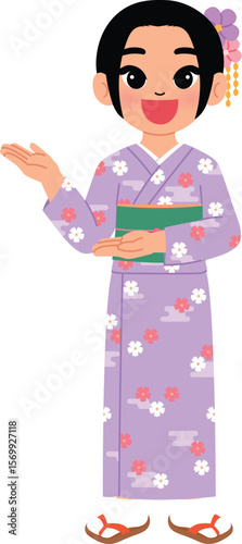 happy Japanese kid wear traditional yukata costume, smile man pointing hand, happy boy cartoon character presenting illustration