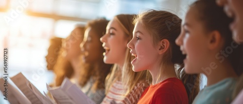 The joyful choir of young girls passionately singing together in harmony.