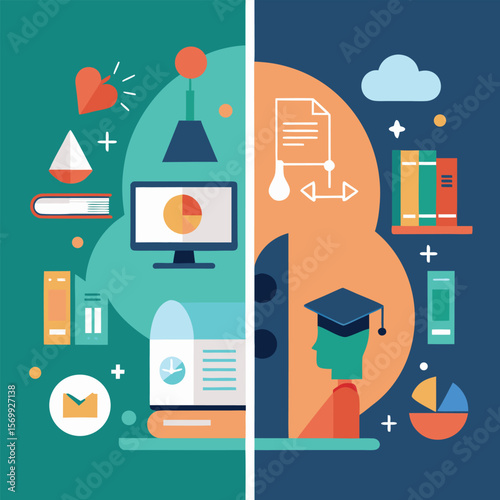 Educational and business abstract composition featuring academic and financial related symbols and icons