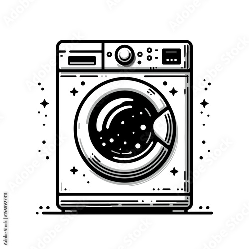Illustration of a washing machine in vintage style with shiny details on transparent background  