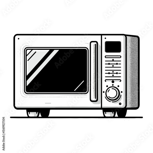 Black and white illustration of a microwave oven from the side on a transparent background  