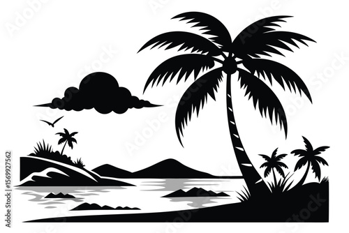 Black Silhouette of Tropical Beach with Palm Trees, Cloudy Sky, and Islands