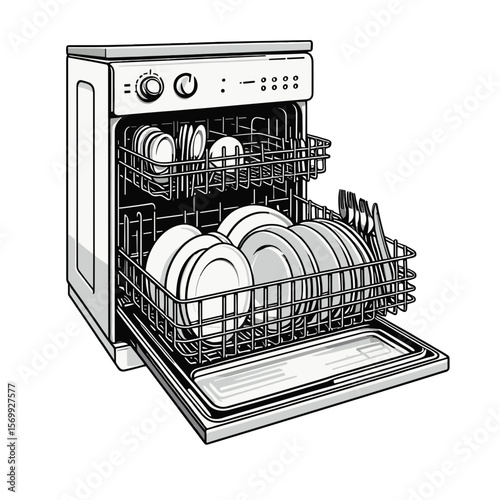 Open dishwasher with clean dishes on transparent background  