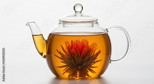 輝くガラス急須 鮮やか開花 お茶の香り漂う静寂. AI Generated
