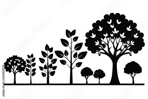 Silhouetted Trees Displaying Growth Stages, From Sapling to Full Tree, on Horizontal Ground