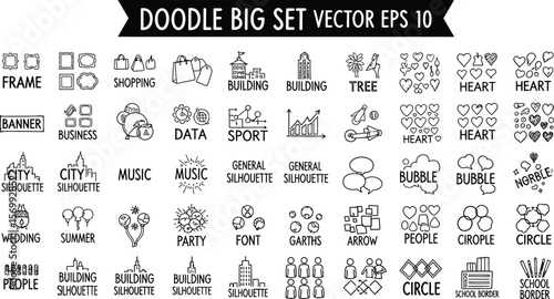 Doodle vector set eps with shopping business and building silhouette icons