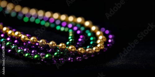 Colorful Mardi Gras beads in purple, green, and gold on black background  