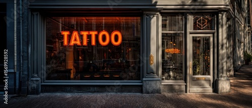 The vibrant tattoo studio showcasing a neon sign in a trendy urban setting.