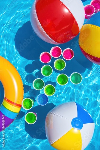 Vibrant beach balls and cups fill a lively swimming pool on a sunny day. Colorful reflections dance on the water's surface creating a joyful atmosphere for summer relaxation.