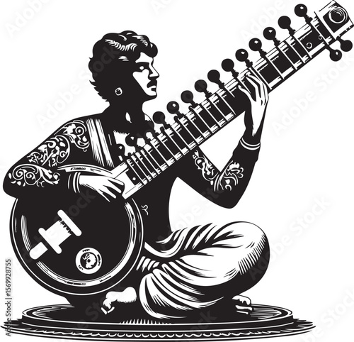 Musician plays traditional Indian string instrument expertly