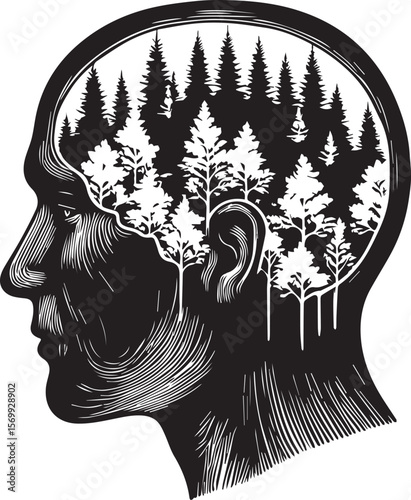 Inner World Nature Forest Landscape Inside Head Silhouette